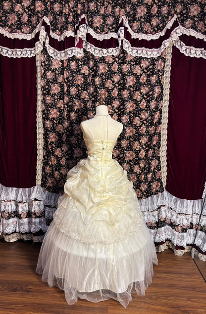 Cream Princess Tube Top Watery Satin Small Pearl Bow Puffy Wedding Dress P3036