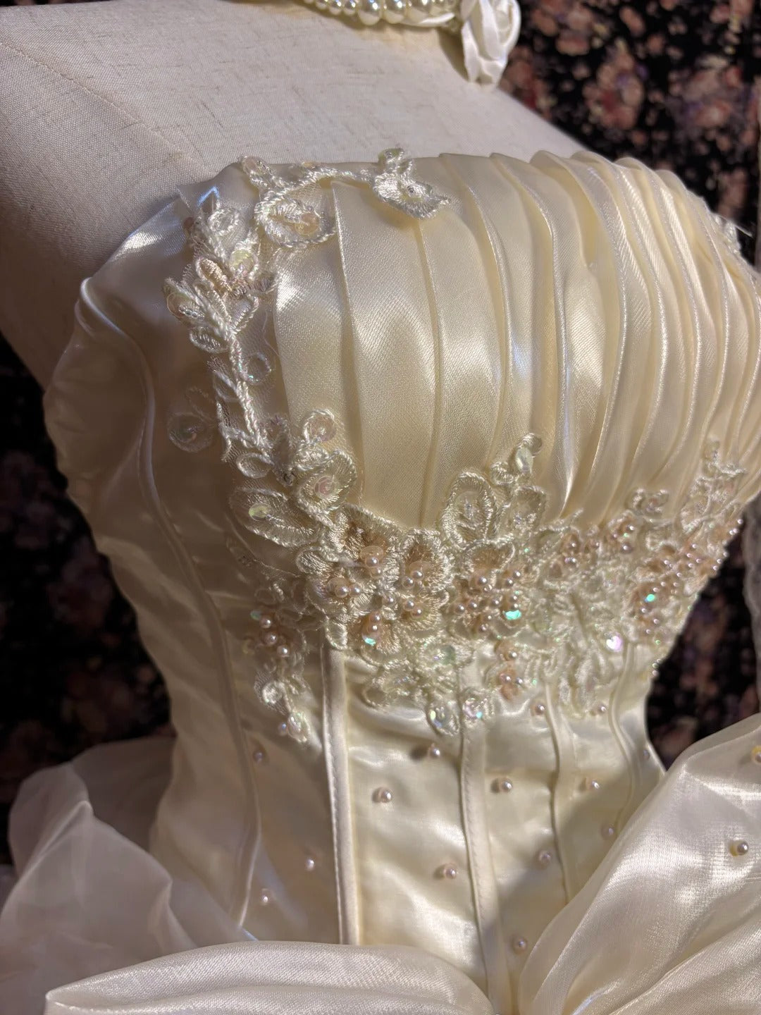 Cream Princess Tube Top Watery Satin Small Pearl Bow Puffy Wedding Dress P3036