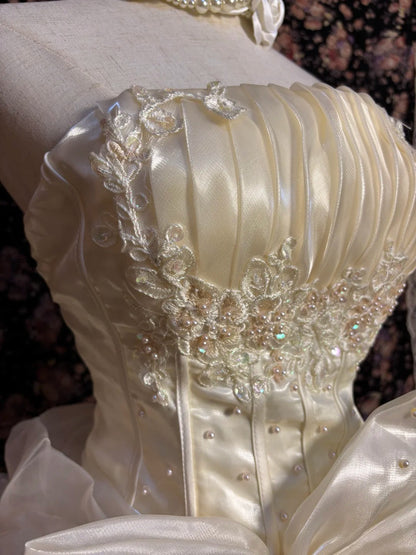 Cream Princess Tube Top Watery Satin Small Pearl Bow Puffy Wedding Dress P3036