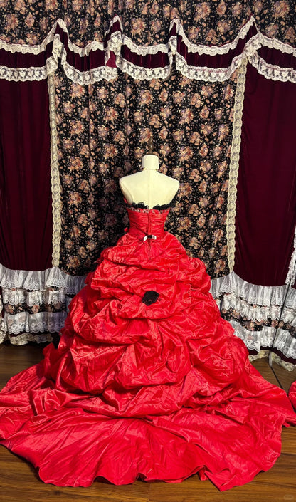 Gorgeous Tomato Red Thick Satin Black Lace Irregular Skirt Wedding Dress P3037