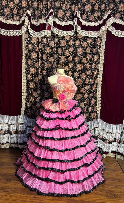 Retro Pink 3D Flower Multi-layered Tulle Cake Skirt Floor-length Wedding Dress P3039