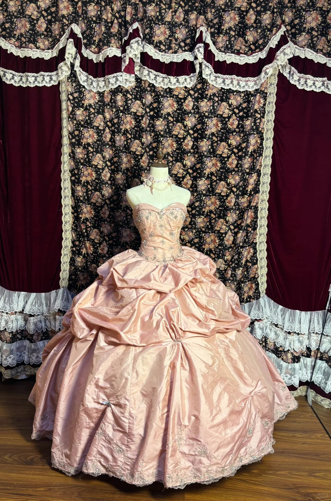 Princess Pink Heart-Shaped Neck Thick Satin Beaded Puff Wedding Dress P3040