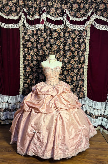 Princess Pink Heart-Shaped Neck Thick Satin Beaded Puff Wedding Dress P3040