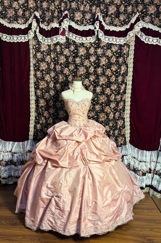 Princess Pink Heart-Shaped Neck Thick Satin Beaded Puff Wedding Dress P3040