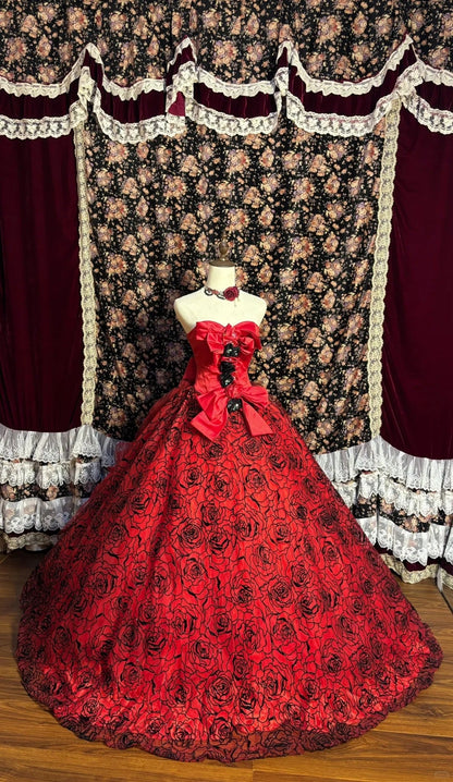 Gorgeous red tube top black pattern 3D flower wedding dress P3041