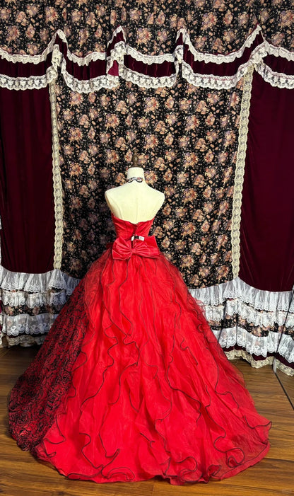 Gorgeous red tube top black pattern 3D flower wedding dress P3041