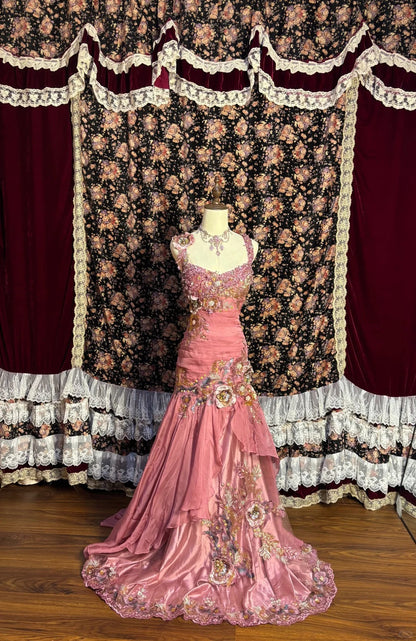 Vintage Pink Chiffon Strap 3D Flower Beaded Chiffon Satin Mermaid Wedding Dress P3042