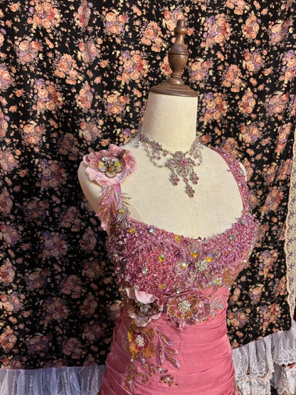 Vintage Pink Chiffon Strap 3D Flower Beaded Chiffon Satin Mermaid Wedding Dress P3042