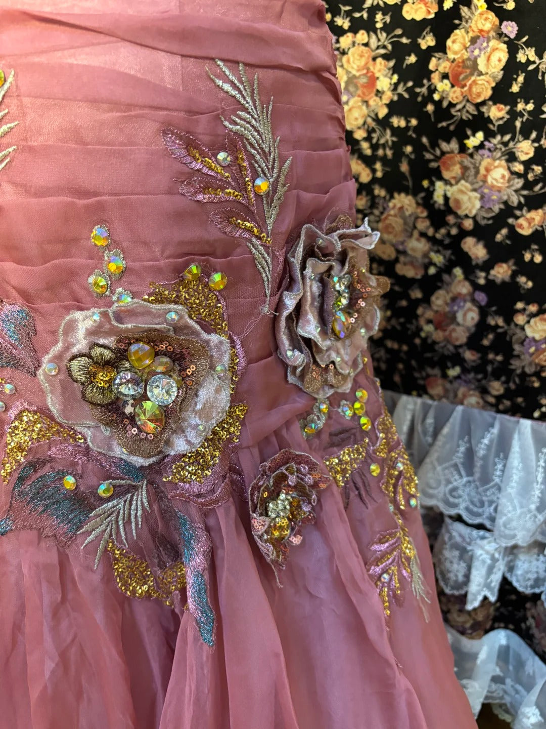 Vintage Pink Chiffon Strap 3D Flower Beaded Chiffon Satin Mermaid Wedding Dress P3042