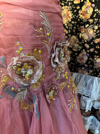 Vintage Pink Chiffon Strap 3D Flower Beaded Chiffon Satin Mermaid Wedding Dress P3042