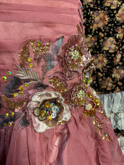 Vintage Pink Chiffon Strap 3D Flower Beaded Chiffon Satin Mermaid Wedding Dress P3042