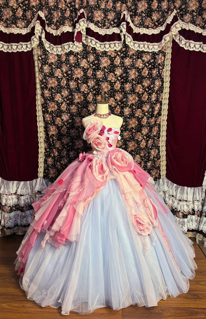 Princess blue tube top 3D flower tulle fluffy wedding dress P3043