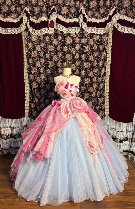 Princess blue tube top 3D flower tulle fluffy wedding dress P3043