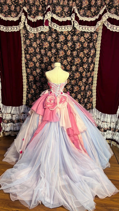 Princess blue tube top 3D flower tulle fluffy wedding dress P3043