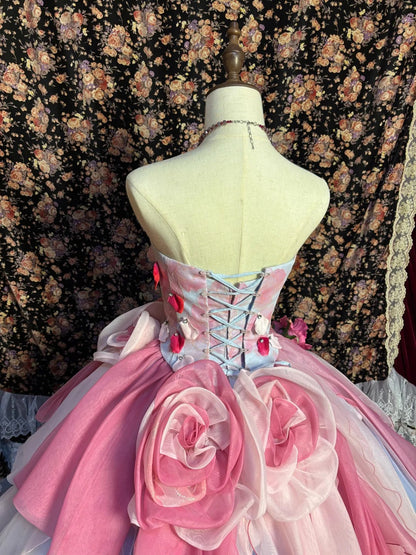 Princess blue tube top 3D flower tulle fluffy wedding dress P3043