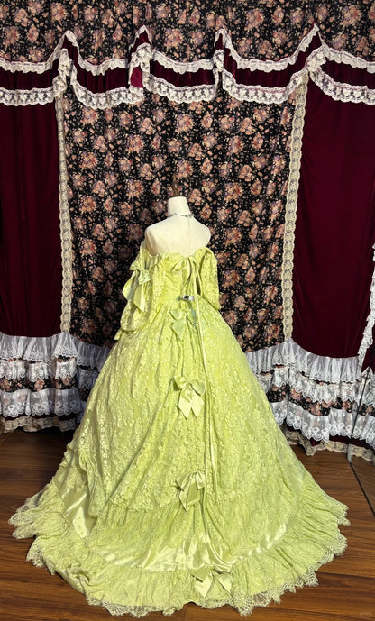 Grass Green Lace Flower Opening Ceremony Skirt Satin Floor-Length Wedding Dress P3044