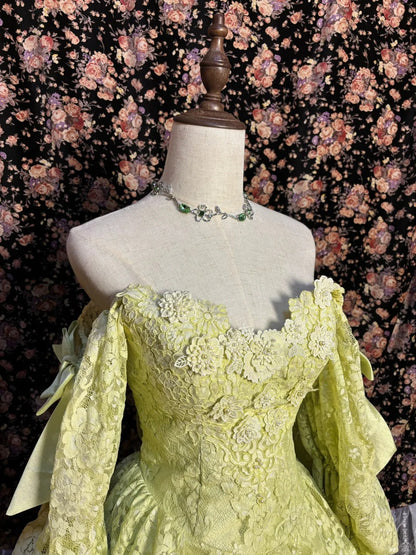 Grass Green Lace Flower Opening Ceremony Skirt Satin Floor-Length Wedding Dress P3044