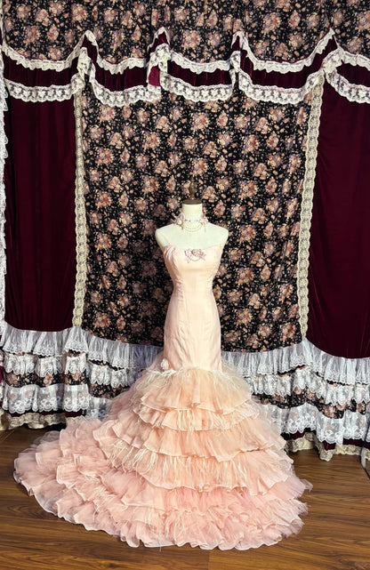 Gentle Pink Strapless Satin Tulle Mermaid Wedding Dress with Train P3045