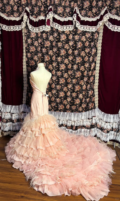 Gentle Pink Strapless Satin Tulle Mermaid Wedding Dress with Train P3045