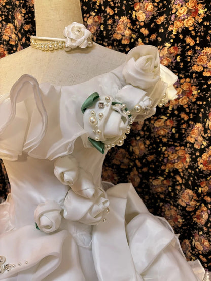 Elegant 3D Flower Off-shoulder Wavy Skirt Wedding Dress P3047