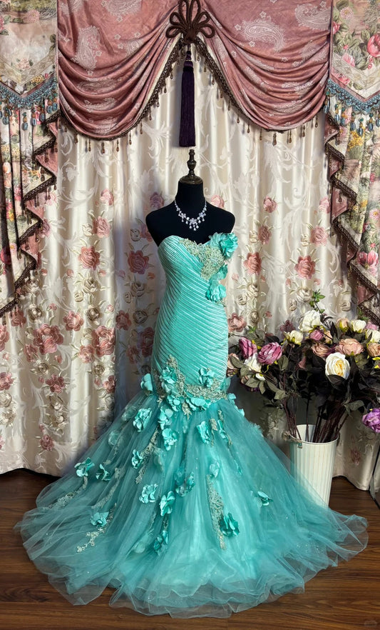 Vintage Heart-Shaped Neck Mint Green 3D Flower Mermaid Trailing Wedding Dress P3048