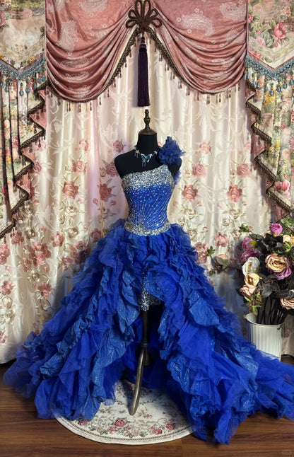 Gorgeous royal blue tube top beaded wedding dress with front slit and big wavy skirt P3049