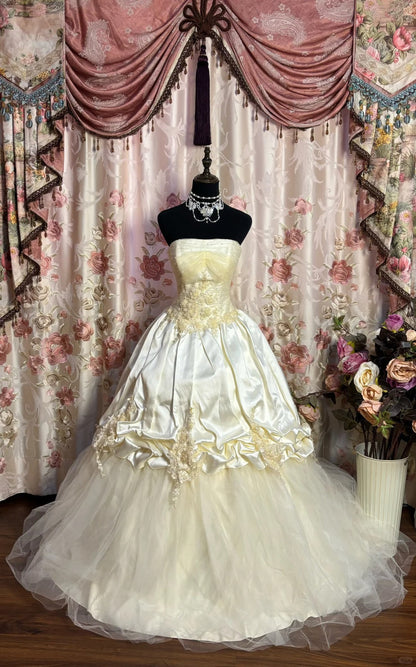 Elegant Magnolia Beaded White Satin Tulle Wedding Dress with Train P3051