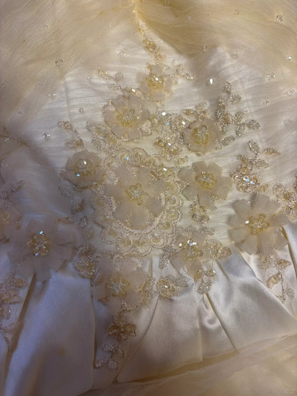 Elegant Magnolia Beaded White Satin Tulle Wedding Dress with Train P3051