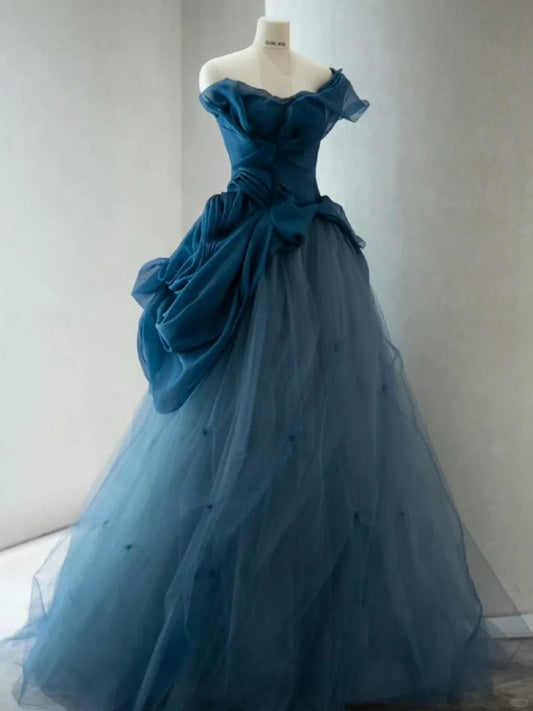 Elegant Blue One Shoulder Tulle Floor Length Wedding Dress P3054