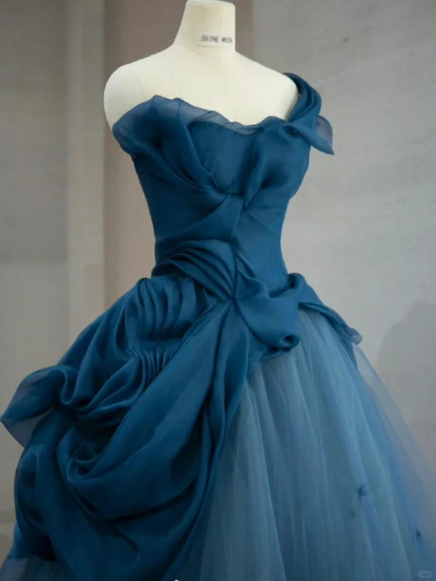 Elegant Blue One Shoulder Tulle Floor Length Wedding Dress P3054