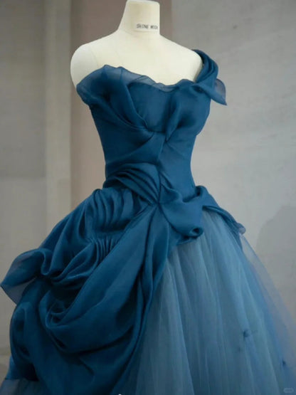 Elegant Blue One Shoulder Tulle Floor Length Wedding Dress P3054