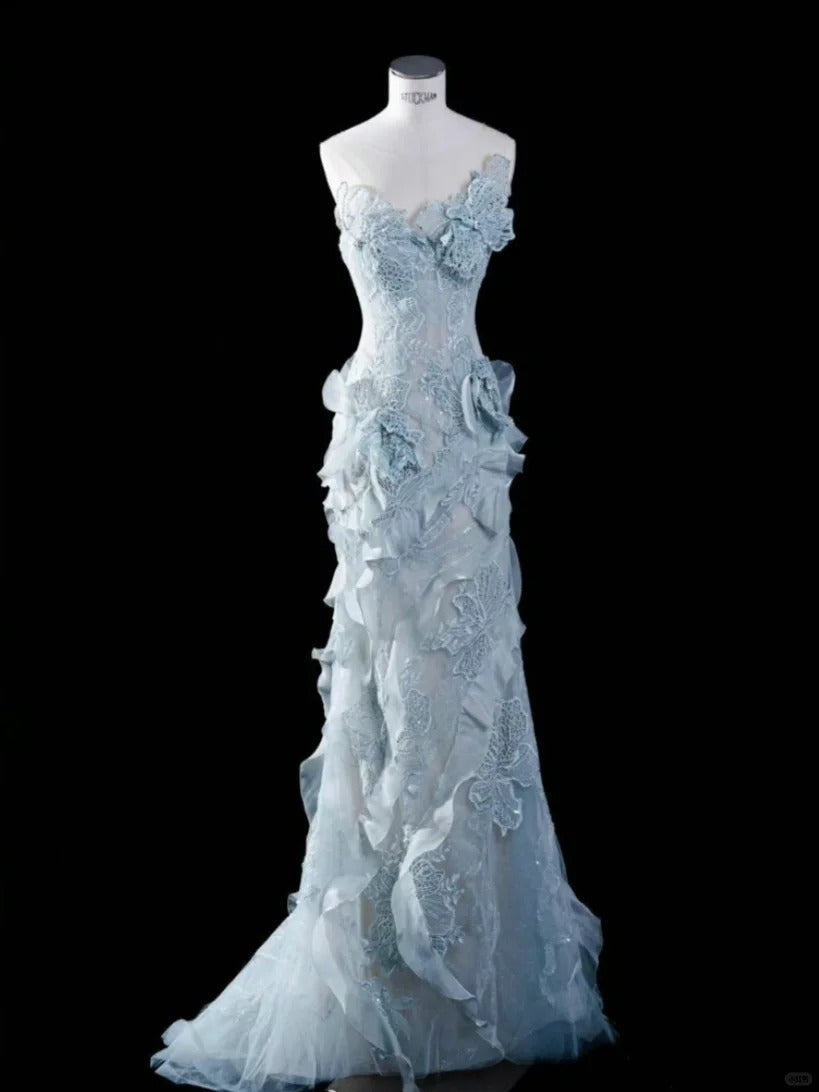 Elegant and dreamy light blue tube top lace flower mermaid wedding dress P3055