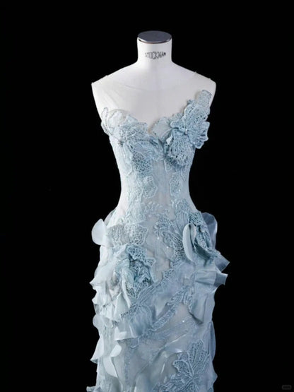 Elegant and dreamy light blue tube top lace flower mermaid wedding dress P3055