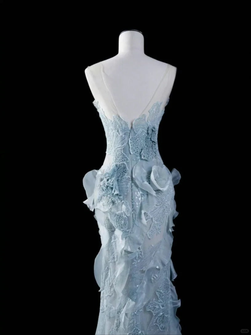 Elegant and dreamy light blue tube top lace flower mermaid wedding dress P3055