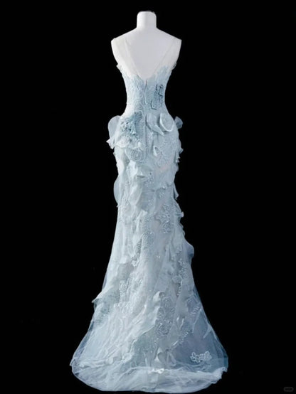 Elegant and dreamy light blue tube top lace flower mermaid wedding dress P3055