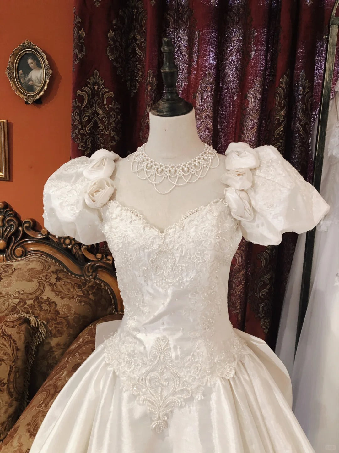 Vintage Elegant White Satin Beaded Rose Puff Sleeve Floor-Length Wedding Dress P3058