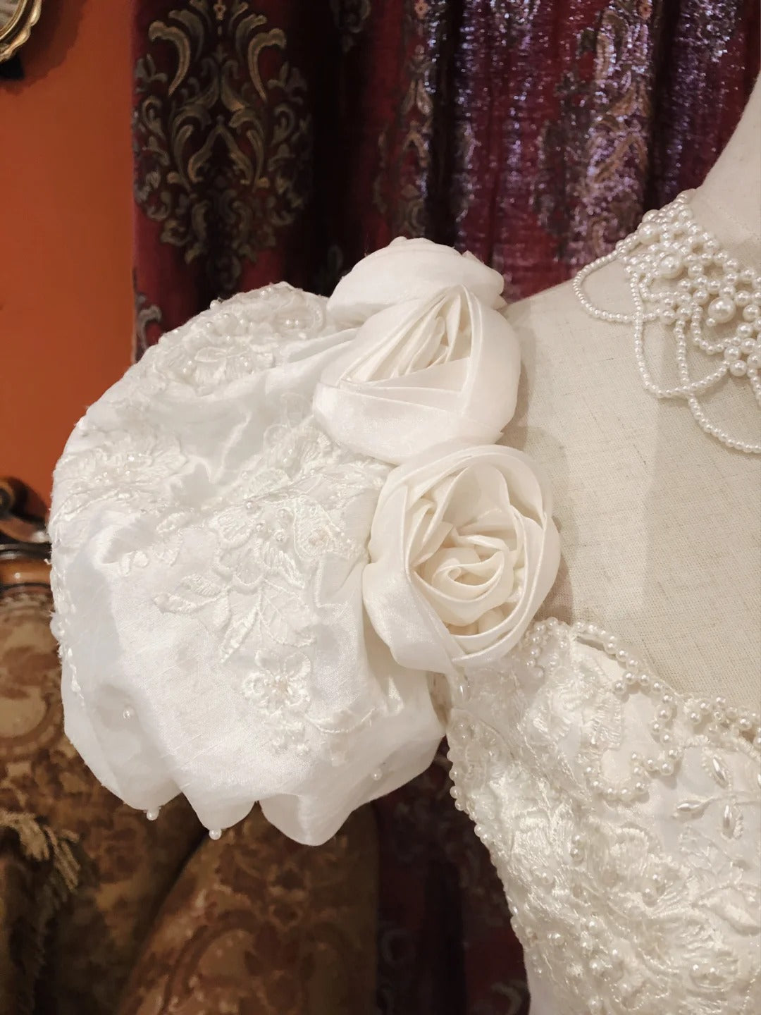 Vintage Elegant White Satin Beaded Rose Puff Sleeve Floor-Length Wedding Dress P3058