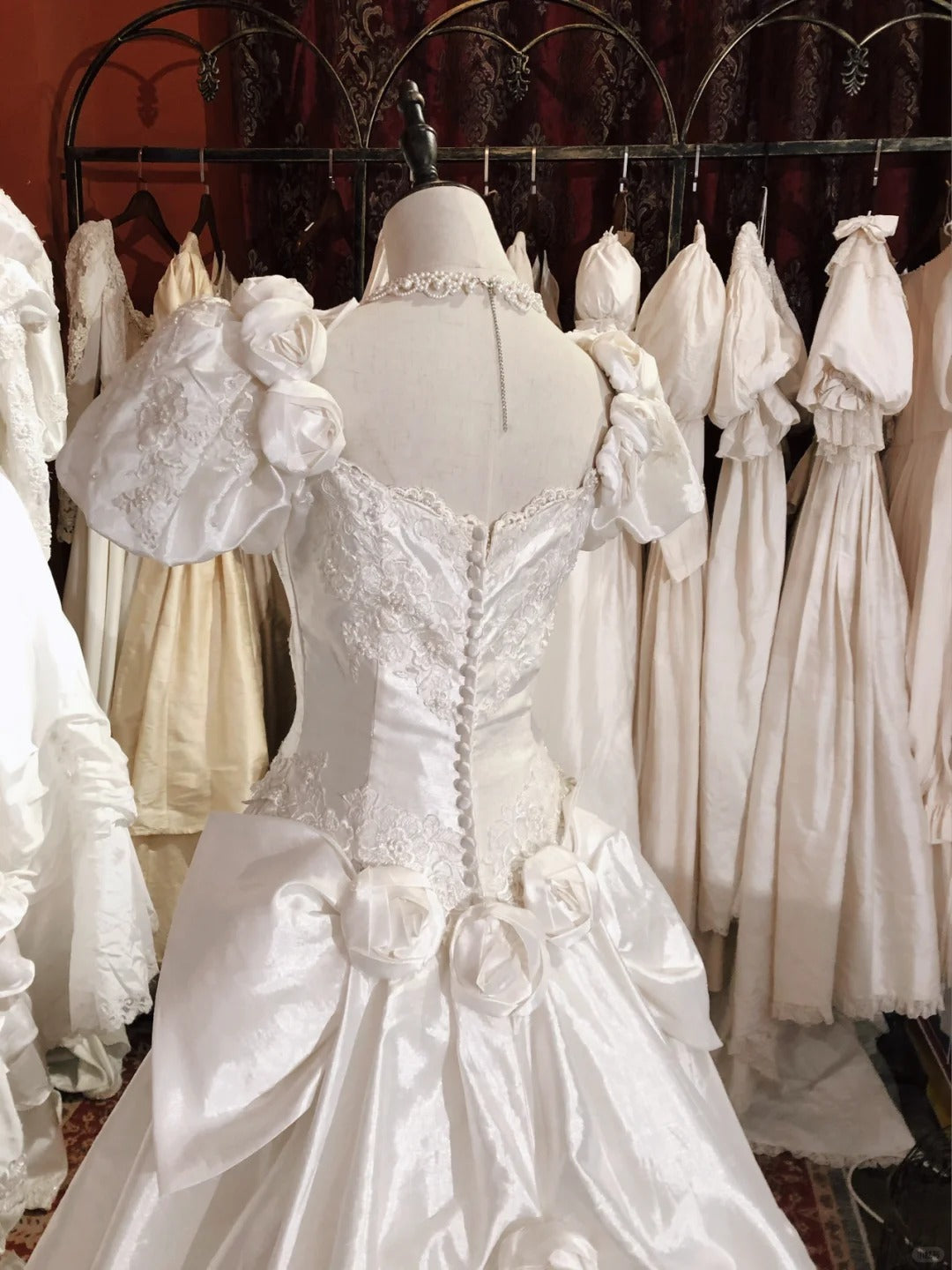 Vintage Elegant White Satin Beaded Rose Puff Sleeve Floor-Length Wedding Dress P3058