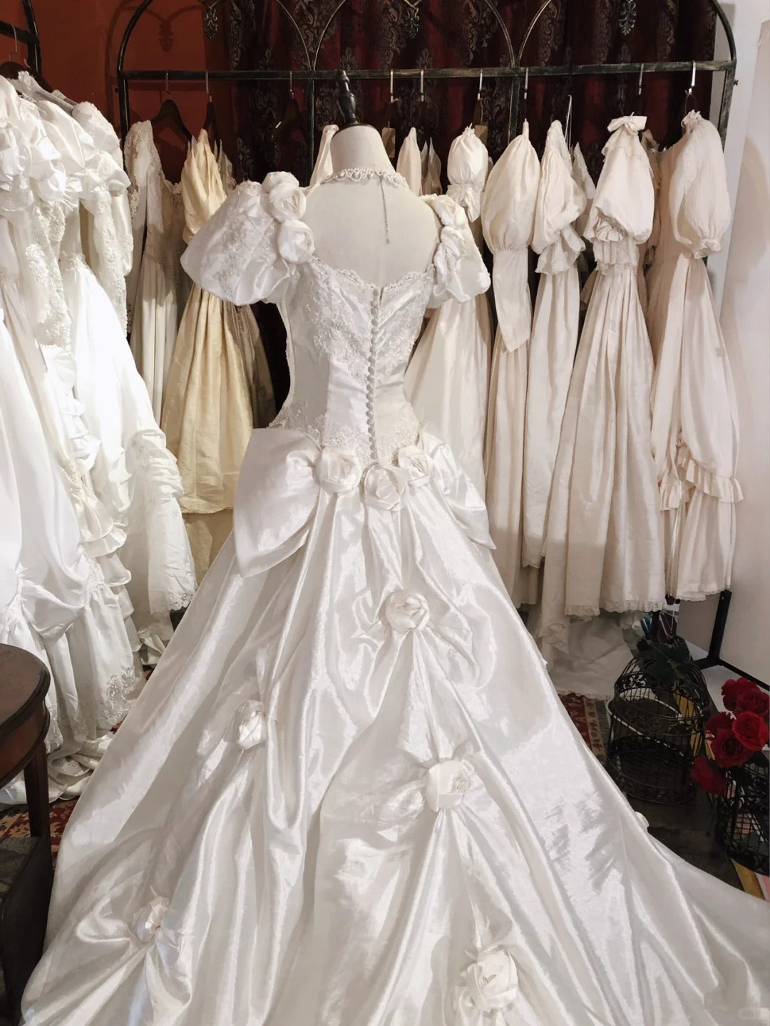 Vintage Elegant White Satin Beaded Rose Puff Sleeve Floor-Length Wedding Dress P3058