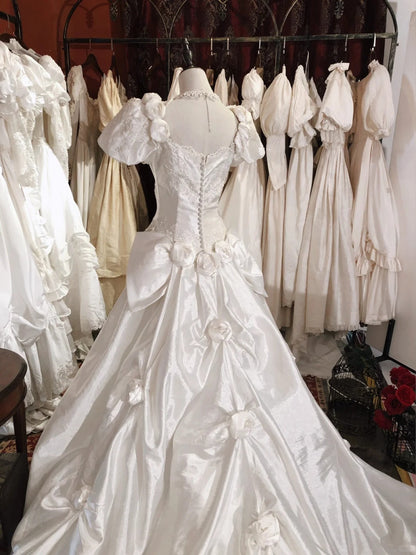 Vintage Elegant White Satin Beaded Rose Puff Sleeve Floor-Length Wedding Dress P3058