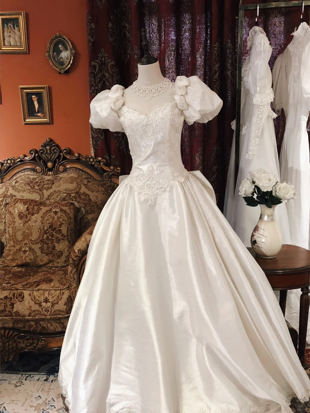 Vintage Elegant White Satin Beaded Rose Puff Sleeve Floor-Length Wedding Dress P3058