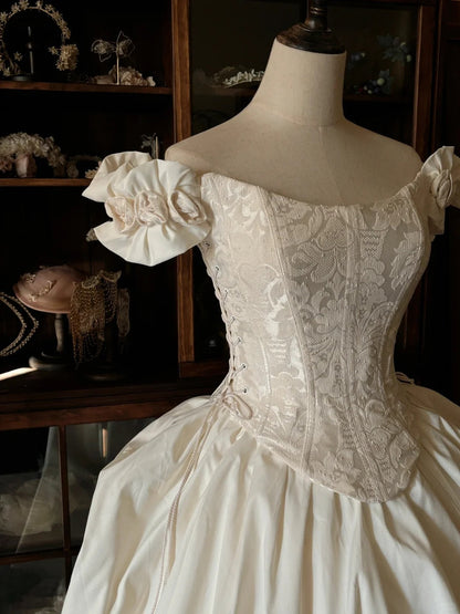 Elegant white one-shoulder 3D floral corset fluffy floor-length wedding dress P3059