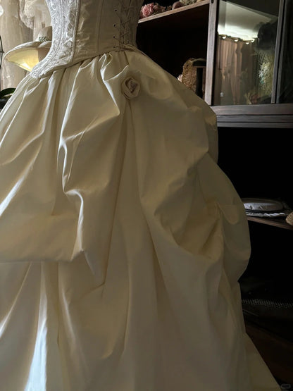 Elegant white one-shoulder 3D floral corset fluffy floor-length wedding dress P3059