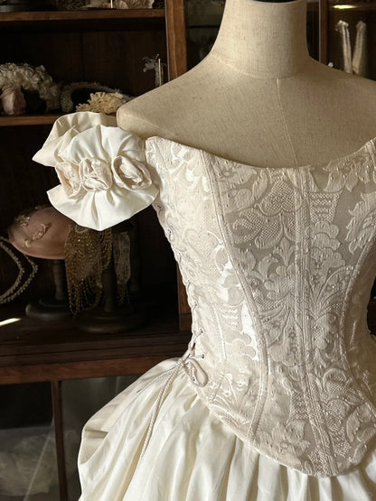 Elegant white one-shoulder 3D floral corset fluffy floor-length wedding dress P3059