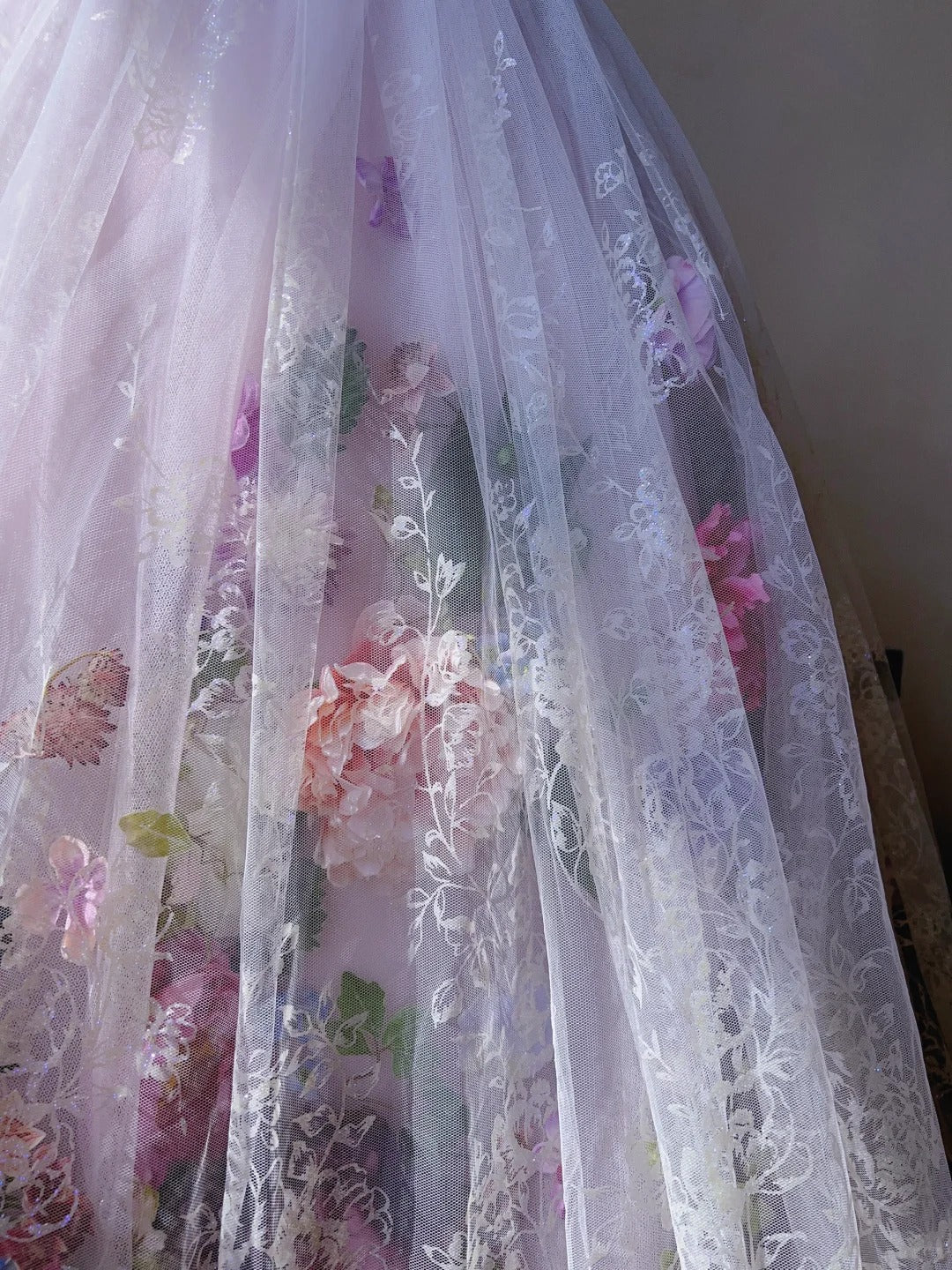 Dreamy Pink Heavy Tulle 3D Flower Lace Floor-Length Wedding Dress P3061