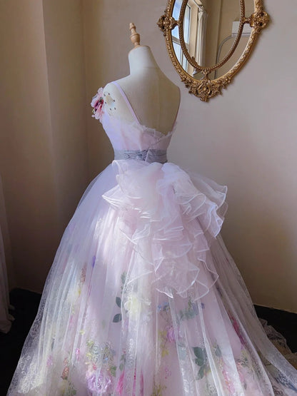 Dreamy Pink Heavy Tulle 3D Flower Lace Floor-Length Wedding Dress P3061