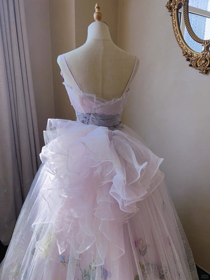 Dreamy Pink Heavy Tulle 3D Flower Lace Floor-Length Wedding Dress P3061