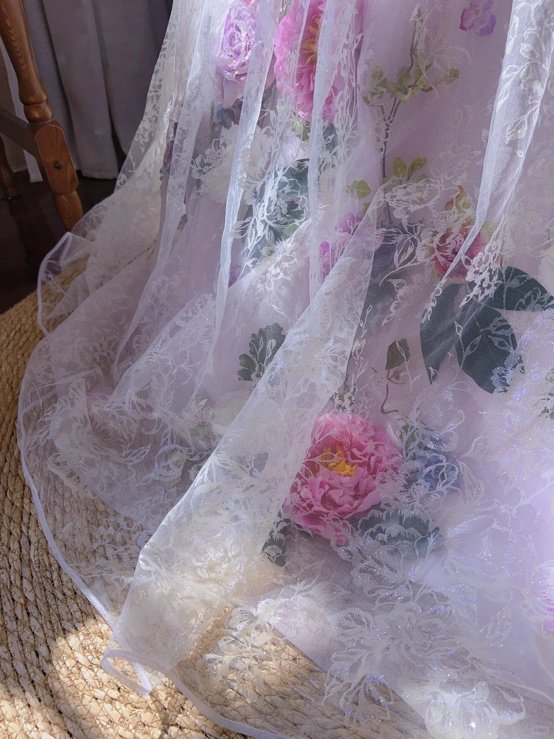 Dreamy Pink Heavy Tulle 3D Flower Lace Floor-Length Wedding Dress P3061