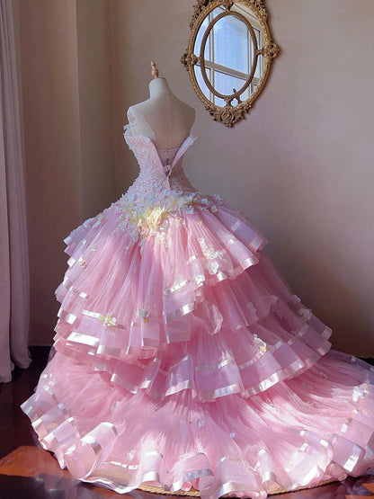Dreamy Princess Pink Tube Top 3D Flower Beaded Lace Tulle Cake Skirt Trailing Wedding Dress P3062