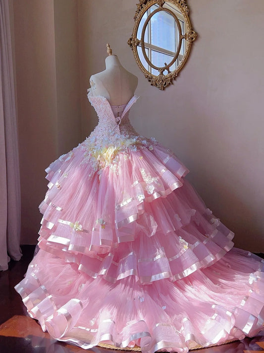 Dreamy Princess Pink Tube Top 3D Flower Beaded Lace Tulle Cake Skirt Trailing Wedding Dress P3062